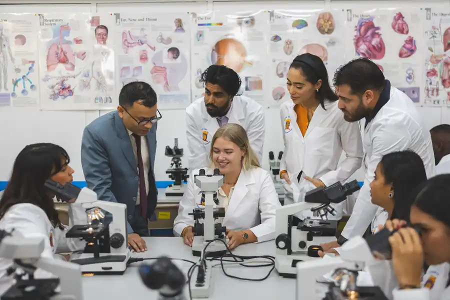Teaching lab — faculty and students at the microscopes
