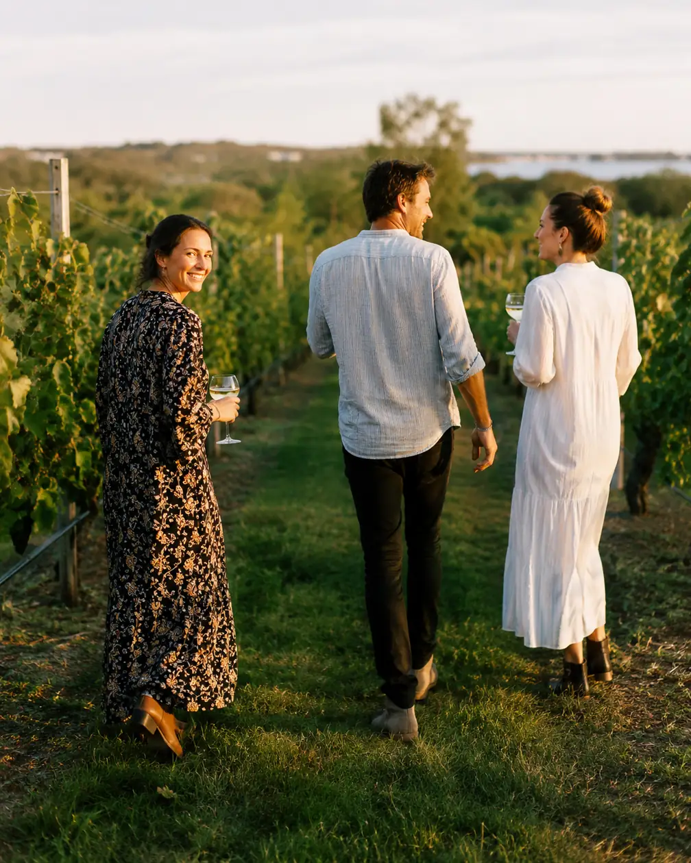 Friends walking between vine rows with glasses of wine